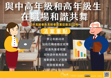 《中高齡者及高齡者就業促進法》公布
法案重點：禁止年齡歧視、協助在職者穩定就業、促進失業者就業、支持退休者再就業、推動銀髮人才服務、開發就業機會