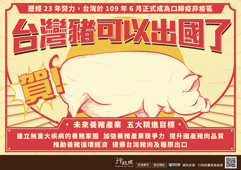 歷經23年努力台灣於109年6月正式成為口蹄疫非疫區
台灣豬可以出國了，未來養豬產業五大精進目標：建立無重大疾病的養豬家園、加強養豬產業競爭力、提升國產豬肉品質、推動養豬循環經濟、提振台灣豬肉及種原出口