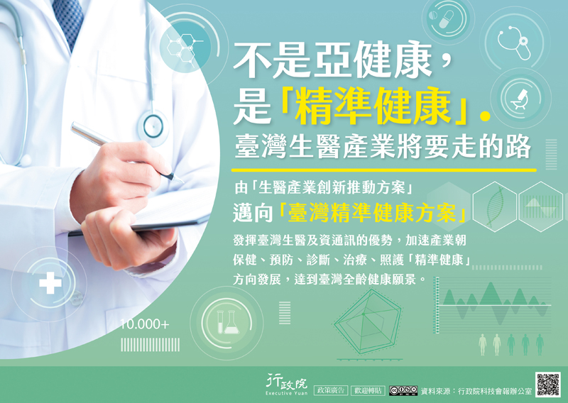 臺灣生醫產業由「生醫產業創新推動方案」邁向「臺灣精準健康方案」，加速產業朝保健丶預防丶診斷丶治療丶照護「精準健康」方向發展達到臺灣全齡健康願景。