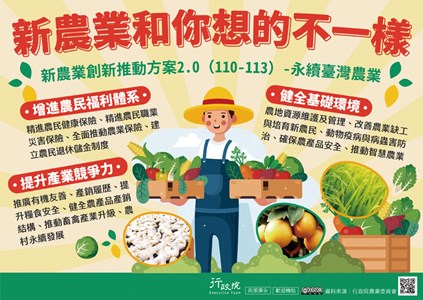 新農業和你不一樣，新農業創新推動方案2.0(110-113)-永續台灣農業：增進農民福利體系、健全基礎環境、提升產業競爭力。