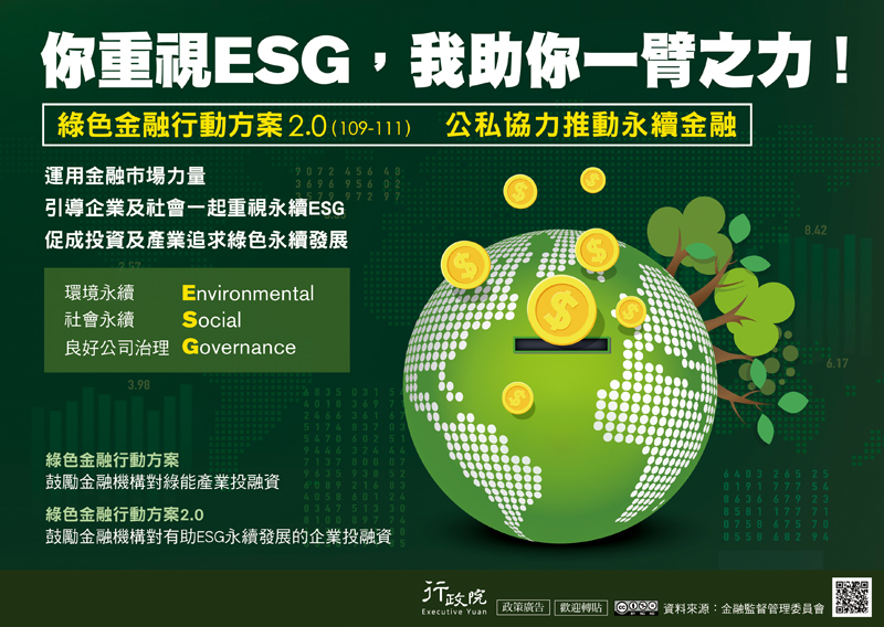 你重視ESG,我助一臂之力!綠色金融行動方案2·0(109-111)公私協力推動永續金融。