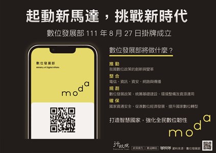 起動新馬達，挑戰新時代，數位發展部111年8月27日掛牌成立。