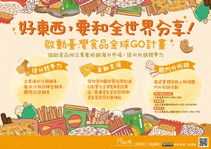 好東西，要和全世界分享!啟動臺灣食品全球GO計畫，協助食品加工業者拓銷海外市場，提升外銷競爭力。