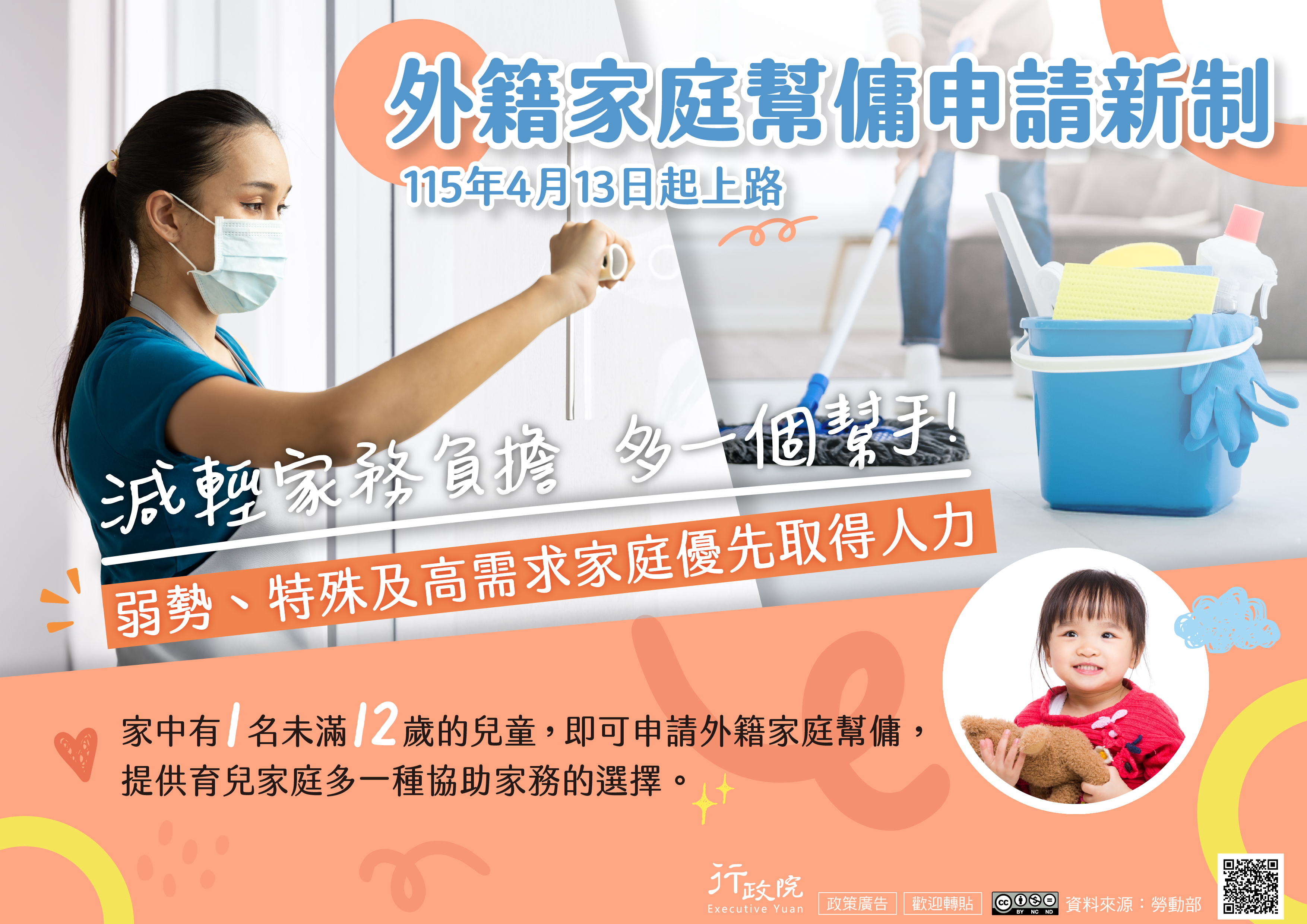 為減輕家庭家務負擔，並支撐勞工兼顧生活與工作、提供育兒家庭更多支持，政府自115年4月13日起實施外籍家庭幫傭申請新制，家中有1名未滿12歲兒童的家庭即可提出申請，增加協助家務的人力選擇；同時針對弱勢、特殊及高需求家庭，優先提供人力配置，打造更友善且有支持力的育兒環境。