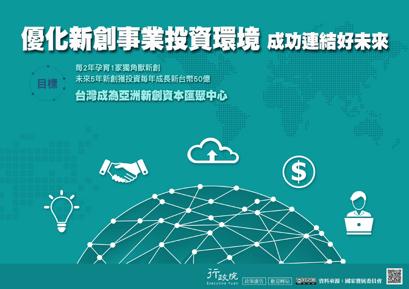 優化新創事業投資環境 成功連結好未來目標：每2年孕育1家獨角獸新創，未來5年新創獲投資每年成長新台幣50億
台灣成為亞洲新創資本匯聚中心